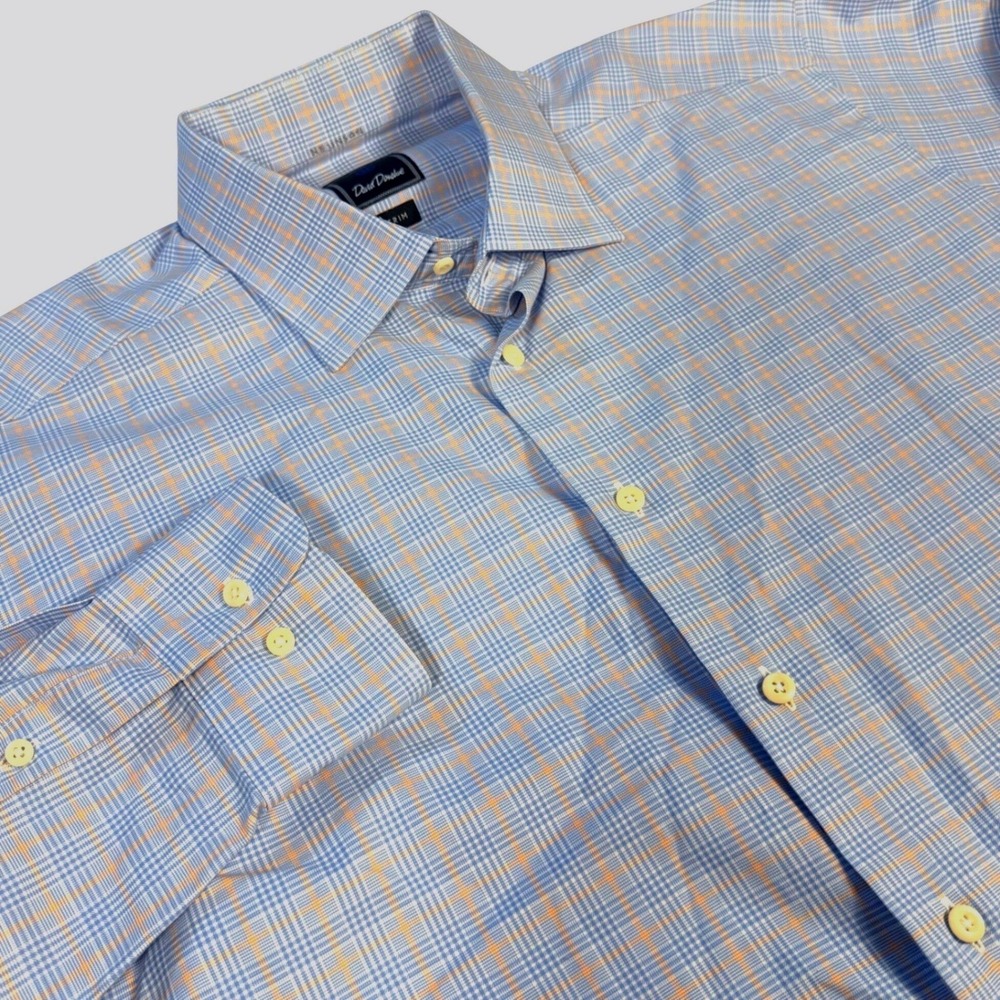 David Donahue Men's 17 1/2 Blue Plaid Dress Shirt Long Sleeve Button Up Trim Fit